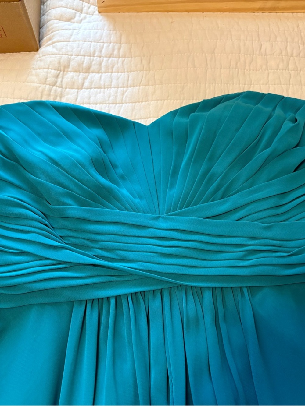 David's Bridal Teal Strapless Chiffon Gown